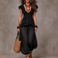 2026 New Black Bohemian Lace Top Harlan Pants Set S juoda