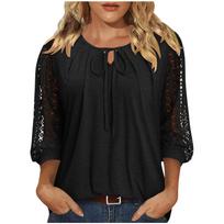 Women's Lace-Up Blouse, Loose Fit, Casual, Sheer Lace L juoda