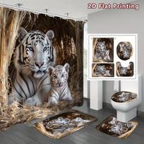 4Pcs White Tiger Family Shower Curtain Set with Non-Slip Bath Mat, Toilet Lid Cover, Contour Rug & 12 Hooks, Bathroom Decor 4PCS-Full Set black