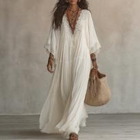 Summer Elegant Solid Dresses Womens Casual Lace Trim V Neck Flowy Maxi Dress Beach Holiday Party Maxi Dresses Robe Vestidos XS balta