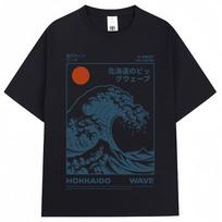 Asia Size Japanese Style Hokkaido Wave Vintage Tshirt Unisex WoUnisex Harajuku Fashion High Quality T Shirts Cotton Summer Tee Shirt XL blue
