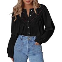 Women's Fashion Loose Lace-Up Openwork Blouse With Round Neck And Long Sleeves M juoda