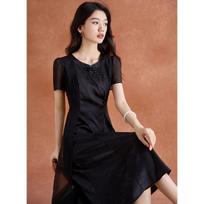 New Chinese Style Qipao Knot Button Lace Stitch Black Dress 3XL juoda