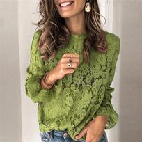 Spring Summer Women's Trumpet Sleeve Long-sleeved Hollow Lace Casual Elegant Style XS žalia
