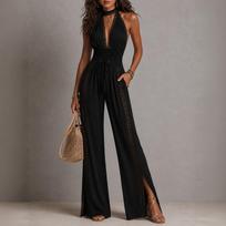 Women's Bohemian Resort Lace Trim Elegant Jumpsuit for Vacation Beach Wear L juoda