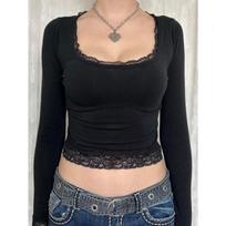 Sexy U-Neck Lace Splicing Crop Tops Spring and Autumn Spice Girl Style Shirts Slim Skinny Long Sleeve T-Shirt Y2K Fashion Elegant Sweet Bottom Blouse S juoda