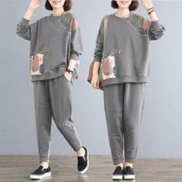 Plus Size Women's Suit Covers Big Belly and Fat Spring and Autumn Fashion Loose Long-sleeved Casual Two-piece Set L pilka spalva