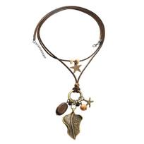 Handmade Adjustable Ethnic Leaf Pendant Necklace With Wood Beads Alloy Charm For Women Bohemian Jewelry 1 tamsiai ruda spalva