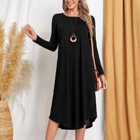 Women's Casual Round Neck Long Sleeve Curved Hem Loose Long Dress With Pocket XL juoda