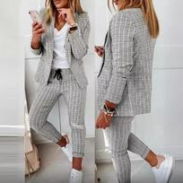 Casual Plaid Print Blazers and Pants Two Piece Sets Women Fashion Lace Up Pencil Pants Sets Autumn Winter Suits Coats Outfits XXXL balta