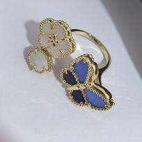 Ladybug Blue Butterfly Ring - Adjustable Open Design Whimsical Floral Light Luxury Fashion Ring Chalcedony Four-leaf Clover Ring gray
