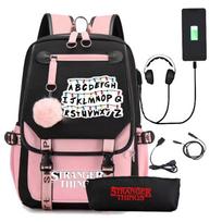 Stranger Things Stranger Kuprinė USB Įkrovimas Vidurinės Mokyklos Mokinys Kuprinė Pieštukinė Dviejų Dalių Rinkinys One size fits all rožinė