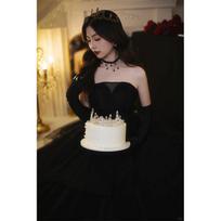 Black tube top velvet high-end evening dress light luxury niche birthday party performance public fluffy gauze skirt S juoda