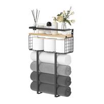 Black Metal and Wood Bathroom Shelf Organizers for Towels Bathrobes Space Saving Decors Vertical Towel Organizers 1
