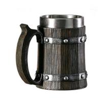 Wood Barrel Beer Mug, 600ml Stainless Steel Liner Stein, Rustic Tankard for Pub Home Bar Pub Party Gift 600ML I