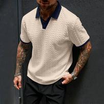 Men's Jacquard Knit Polo Shirt Short Sleeve Slim Fit V Neck Casual Summer Top with Contrast Collar and Cuffs L