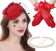 Retro Net Cap Beret with Veil, Feather, Lace Gloves & Pearl Necklace