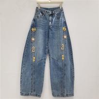 Spring Metal Buckle Decoration Mid Waist Wide Leg Cowboy Pants Washed Bent Knife Pants Casual Versatile S mėlyna