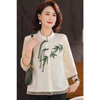 Women's Mandarin Collar Sheer Three-Quarter Sleeve Blouse with Bamboo Embroidery XL balta
