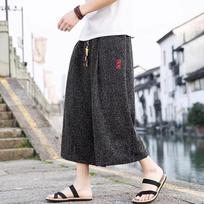 Summer Beach  Shorts Men Baggy Wide Leg Casual Capris Pants Sport Running Shorts Linen Trousers S juoda