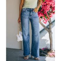 Light-colored simple jeans women's washed high-waisted wide-leg trousers S džinsinio mėlyna spalva