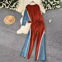 Autumn Spring Casual Sports Suits Women O-Neck Basic Tops+Drawstring Long Pants Denim Splice Korean Style Sporty 2pcs Sets One Size raudona