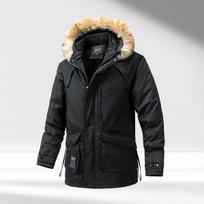 Vyriška žieminė striukė su gobtuvu, kailinis gobtuvas, vyriški madingi drabužiai, lauko paltas, paminkštinta striukė 2XL juoda