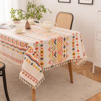 Bohemian Ethnic Style Desk Mat Linen Cotton Heat Insulating Easy To Maintain Dust Pad Irregular Geometric Printed Tablecloth 90x90cm beige