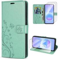 Case for Samsung Galaxy A57 5G, Shockproof Scratch-Resistant PU Leather Green Floral Pattern - 2 Tempered Glasses žalia