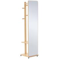 Laisvai stovintis veidrodis su ratukais - Drabužių kabykla, 4 kabliukai Lentyna MDF Šviesaus medžio išvaizda 40 x 44.5 x 170 cm