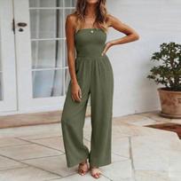 Women's Fashion Wide-Leg  Color Strapless Pocket Waist-cinching Jumpsuit L