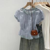 Gentle style lace spliced short-sleeve shirt for women, summer 2026 new model, made of Lyocell, Tencel, and ramie short top S mėlyna