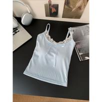 Lace Splicing Pit Stripes Camisole Undershirt, Women with Chest Pads Inside The Slim Thin Bottoming Shirt one size mėlyna