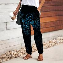 Women Retro Printing Pants Lace Up Elastic Waist Loose  Trousers Casual Long Pants Trousers with Pockets XS mėlyna