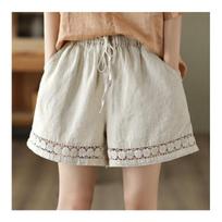 Casual Solid Linen Cotton Lace Floral Summer Short Pants Loose Elastic Waist Boho Beach Wear Shorts for Women Bottom M