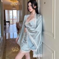 Sweet Dream Lace 2025 Ice Silk Nightdress: Sexy Spring/Autumn Camisole & Outer Robe Two-Piece Set Large mėlyna
