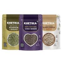 Khetika Edible Seeds Combo 600gm, Chia Seeds + Sunflower Seeds + Pumpkin Seeds, Superfood Mix for Healthy Eating, Rich in Protein & Fiber (200g, each) blue