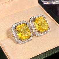 Huitan Square Yellow Cubic Zirconia Stud Earrings for Women Bright Earrings Wedding Party Temperament Elegant Female Accessories