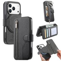 2 viename nuimamas magnetinis užtrauktukas su kortelių lizdais piniginė odinis dėklas iPhone 17 Pro Max 16 Plus 15 14 13 12 apverčiama rankinė kišenė dangtelis iPhone 13 Pro juoda