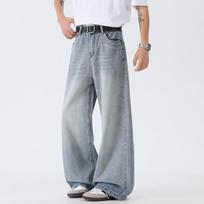 Versatile Washed Jeans Men's Trend Straight Tube Loose and Simple Wide-leg Trousers Straight Pants S mėlyna