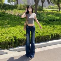 Women's Petite Low-Waist Retro Blue Flare Jeans - Extra Long, Summer Fashionable Horseshoe Pants L