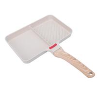 Divided Grill Pan Aluminum Alloy Anti Stick Griddle Pan 2 Section Versatile Breakfast Skillet with Wooden Handle Type 1