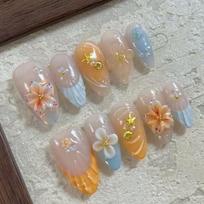 Cross-border explosion wearing armor 3D three-dimensional flower shell pearl star French vacation wind fake nail factory wholesale finished strips (three pairs of full diamonds)