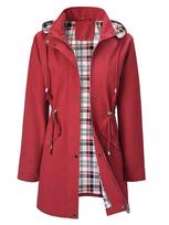 Rain Jacket Women Lightweight Raincoats Outdoor  Windbreaker Hooded Plaid Lined Trench Coat XXL raudona
