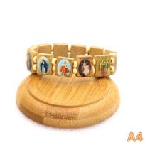 Wooden Rosary Bracelet - Elegant Religious Icon Stickers, Drip Oil Finish, Spiritual Beaded Prayer Jewelry For Devotional Wear