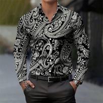 Vintažiniai vyriški kašmyro marškiniai su paisley gėlių raštu, ilgomis rankovėmis, kasdieniai, elegantiški, madingi, patogūs, aukštos kokybės, vyriškas atlapotas viršus S black