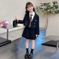 Girls' Spring/Autumn Academy Style 3-Piece Set: Jacket, Cotton Shirt & Pleated Skirt 6-piece set (110-160 cm, size runs small) tamsiai mėlyna