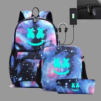 Marshmello zefyro šviečiantis kuprinė, per petį nešiojama pieštukinė, trijų dalių rinkinys, USB įkrovimas, studento mokyklinė kuprinė One size fits all
