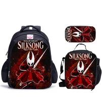 Hollow Knight Silk Song Three-Piece School Bag + Meal Bag + Pencil Case Cartoon Printed Leisure Bag Black backpack + vertical lunch bag + pencil case black