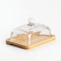 Medinis padėklas su stikliniu dangteliu Stačiakampis sviestinės dangtelis Lengvai valomas Sūrio padavėjas Rectangular Pastry white
